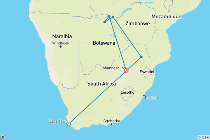 Karte von Erschwingliches Südafrika mit Victoria Falls & Botswana - 11 Tage