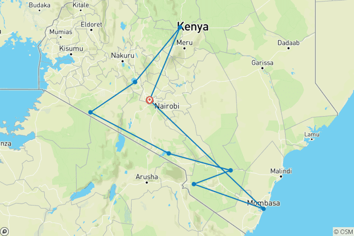 Karte von 17 Tage Best of Kenya Wilderness Gateway mit Diani Beach Urlaub