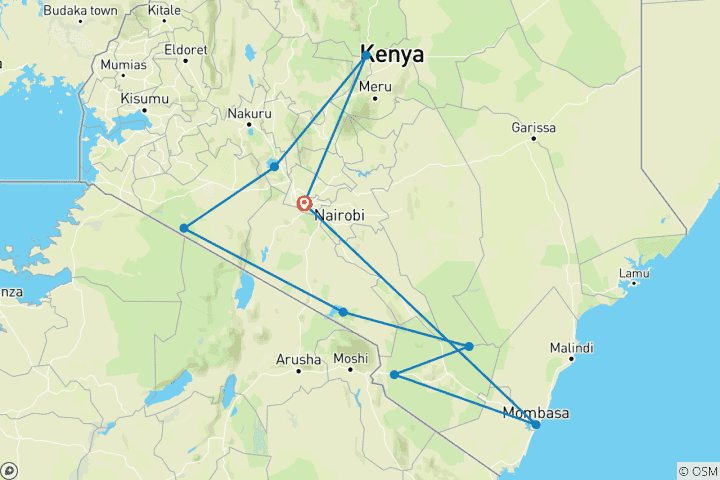 Mapa de Vacaciones de 17 días en lo mejor de la jungla de Kenia con la playa de Diani