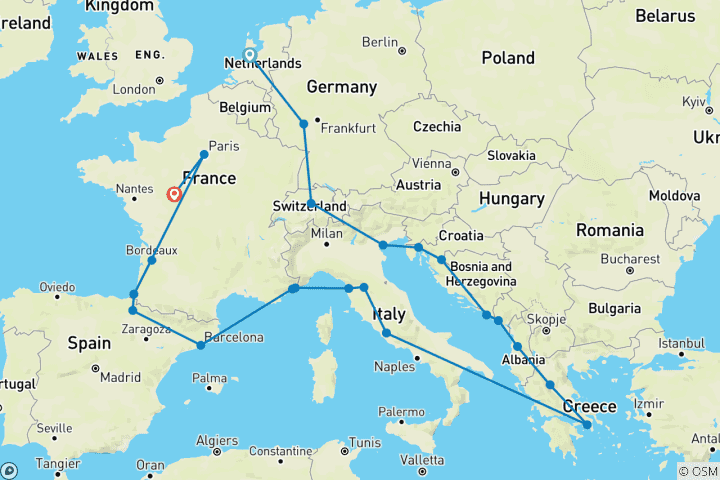 Kaart van Europese ontdekkingsreis – eindpunt Parijs – 29 dagen