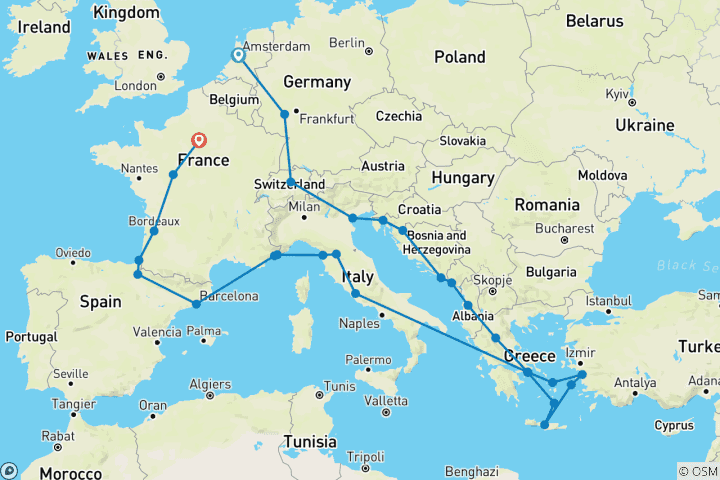 Mapa de Descubridor de Europa (acaba en París, con 3 días de crucero, 29 días)