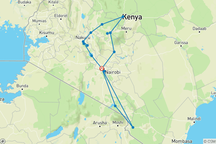 Kaart van Een vakkundig samengestelde, 20-daagse Twin Peaks-e-cyclingtocht en wildsafari langs de Kilimanjaro en de Mount Kenya, met ondersteuning door een 4×4-safarijeep