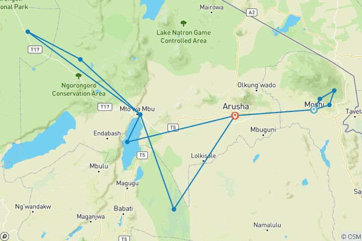Karte von Entdecken Sie die hochwertigen 10 Tage Tansania Private Budget Safari Touren ab Moshi in Tansania