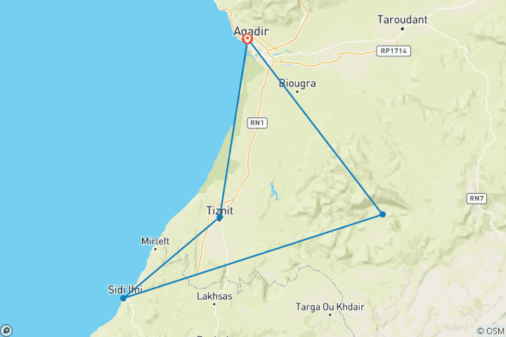 Carte du circuit Circuit de 5 jours d'Agadir à Tafraoute et Sidi Ifni