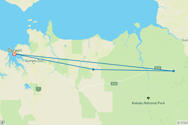 Map of 2 Day Kakadu Retreat & Yellow Water Cruise Tour from Darwin