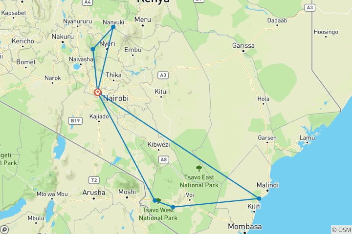 Carte du circuit 10 jours de safari au Kenya pour la lune de miel