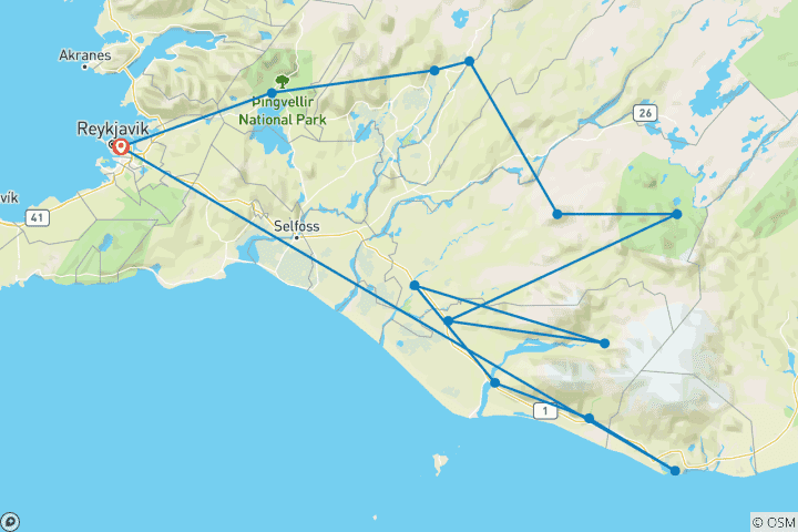 Carte du circuit 4 jours d'excursion privée en Super Jeep | Landmannalaugar, Thorsmork, Côte Sud, Cercle d'Or