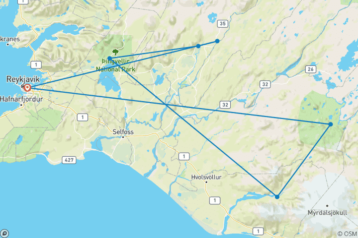 Carte du circuit 3 jours d'excursion privée en Super Jeep | Landmannalaugar, Thorsmork et le Cercle d'Or