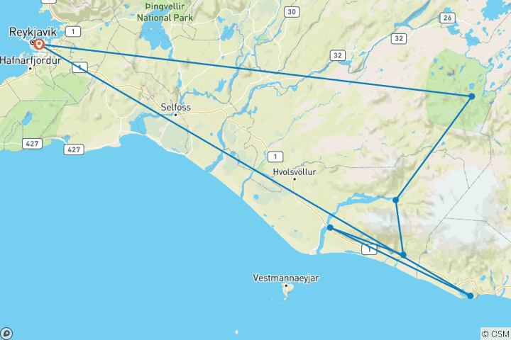 Carte du circuit 3 jours d'excursion privée en Super Jeep | Landmannalaugar, Thorsmork et la côte sud