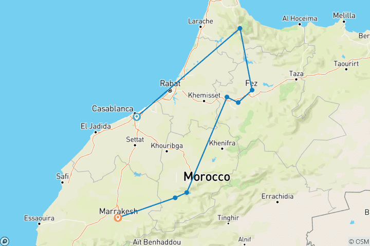 Carte du circuit Geluxe : Le nord du Maroc : Chefchaouen, Fès & les montagnes du Rif