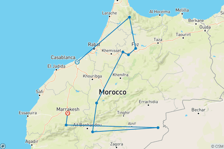 Carte du circuit Geluxe : Le nord et le sud du Maroc : villages de montagne et kashbas ancestrales