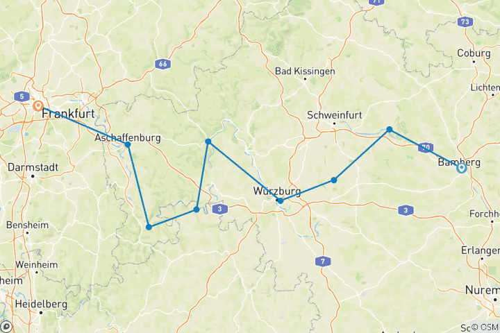 Kaart van Fietstocht langs de Main – van Bamberg naar Frankfurt – zelfgeleid