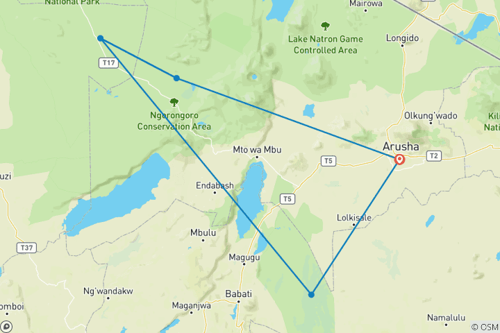 Carte du circuit Découvrez le safari familial de 6 jours en Tanzanie - Serengeti, Ngorongoro et Tarangire avec les prix les plus réduits pour 2025 & 2026