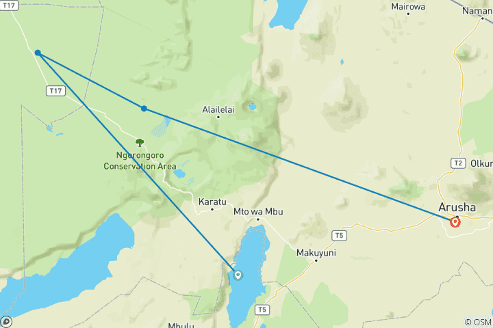 Carte du circuit 4 jours de safari dans les merveilles de la Tanzanie