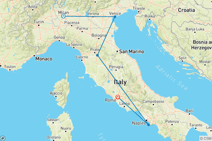 Carte du circuit Milan, Venise, Florence, Sorrente, Rome : essentiel - hôtels 3* circuit à faible émission de carbone en train