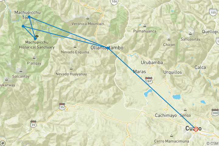 Kaart van Luxe korte Inca Trail naar Machu Picchu 2 dagen