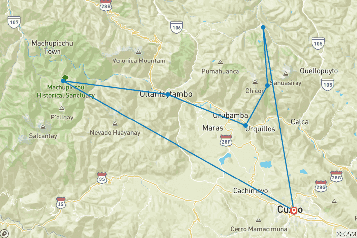 Map of Luxury Lares Trek to Machu Picchu 4 Days