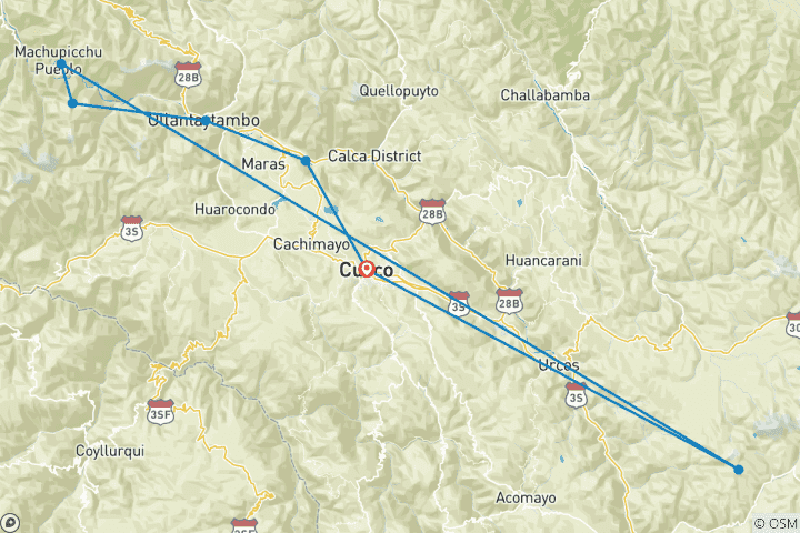 Map of Cusco, Sacred Valley, Inca Trail & Rainbow Mountain 6 Days