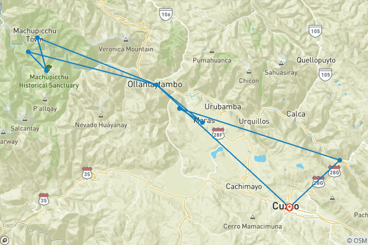 Carte du circuit Machu Picchu : Vallée Sacrée + Petit Chemin Inca - 3 jours