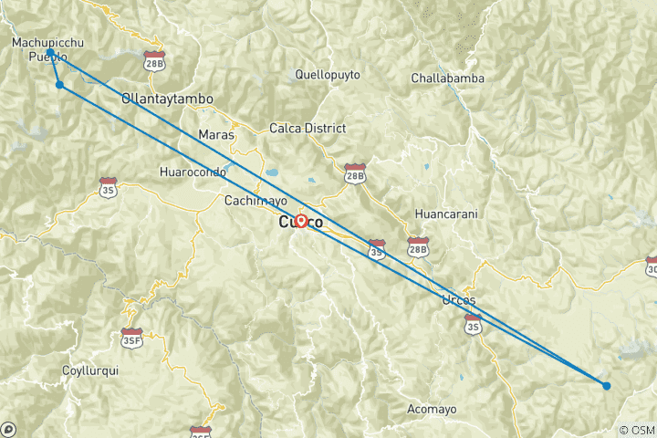 Map of Ausangate hike + Rainbow Mountain + Machu Picchu Tour 4 days