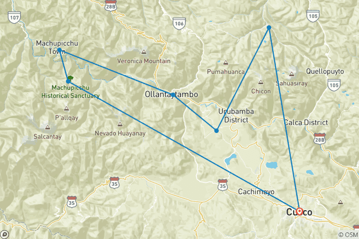 Map of Lares Trek and Short Inca Trail to Machu Picchu 5 days 4 nights