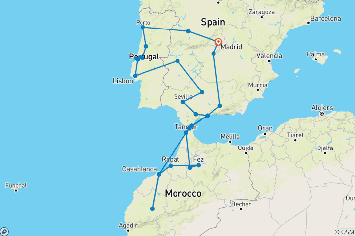 Carte du circuit Odyssée de l'Espagne, du Portugal et du Maroc