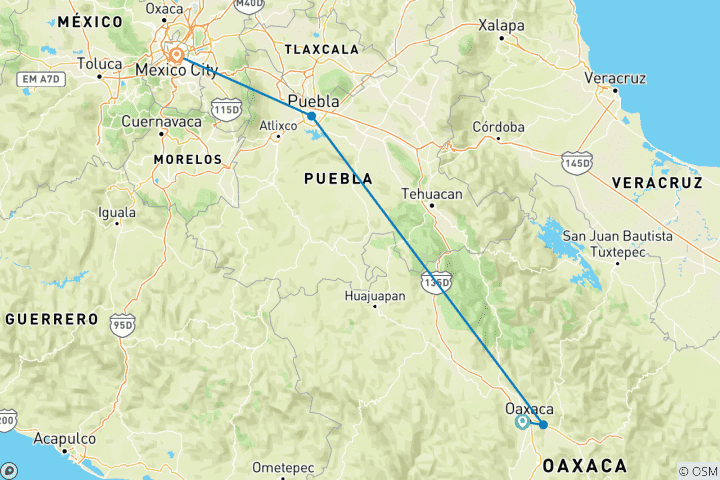 Map of Geluxe: Central Mexico: Oaxaca to Mexico City (from Oaxaca to Mexico City)