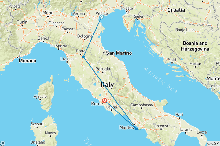 Map of Venice, Florence, Sorrento, Rome: signature (4* hotels) low carbon tour by train