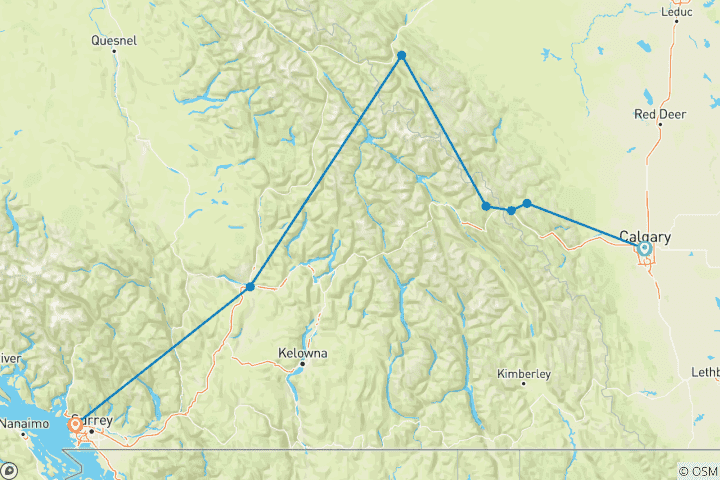 Mapa de Via experiencia en tren｜Tour completo de 7 días en tren por las Rocosas｜Salida de Calgary