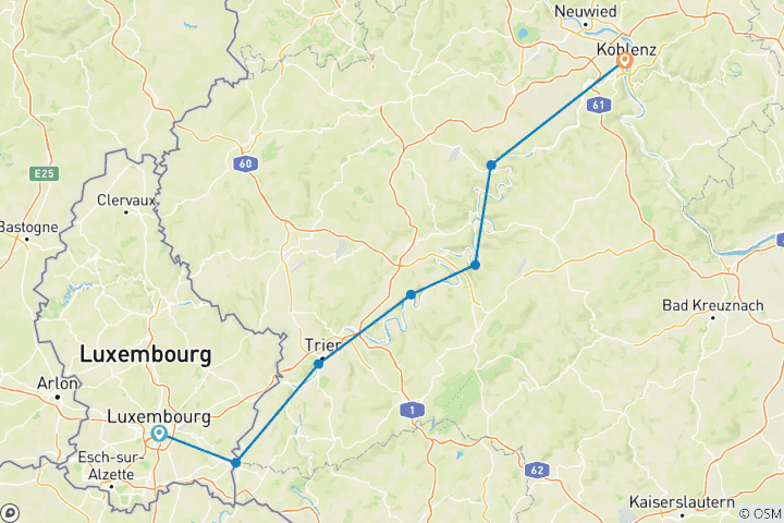 Mapa de Ruta ciclista del Mosela | Ruta cicloturista individual | De Luxemburgo a Coblenza