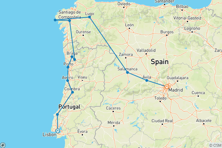 Mapa de Lisboa a Madrid - 6 días