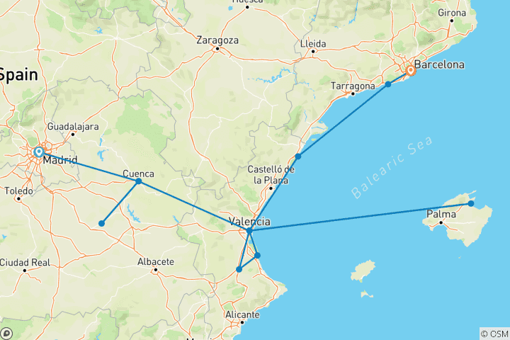 Karte von Cuenca & Valencia nach Barcelona - 6 Tage