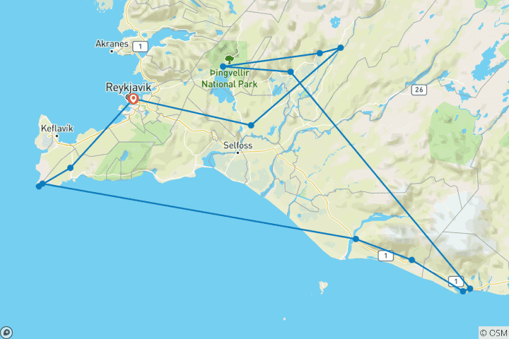 Carte du circuit 7 jours dans la gracieuse Islande du sud-ouest