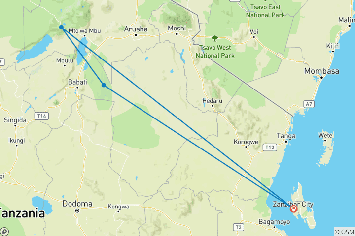 Karte von Tansania-Safari ab Sansibar 2 Tage