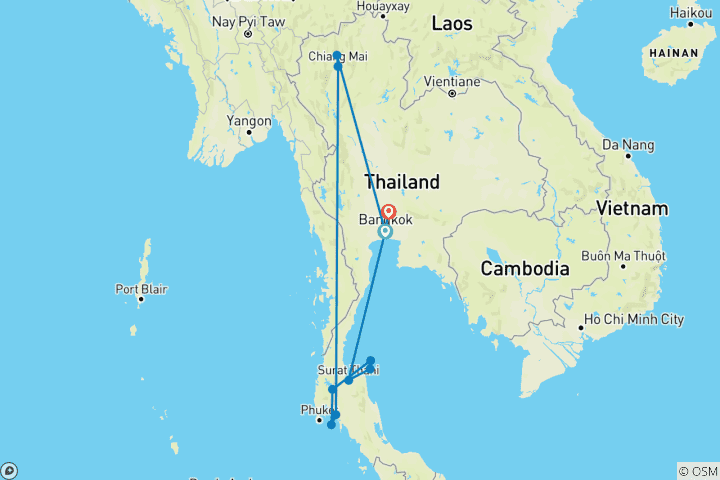 Carte du circuit U. Circuit de groupe de 16 jours en Thaïlande