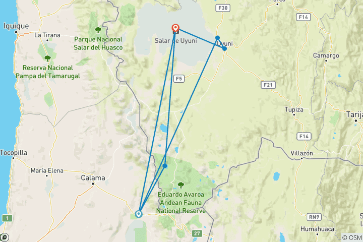 Map of Private Tour with hostels Accomodation - 4 days in the Uyuni Salt Flat and the Colored Lagoons