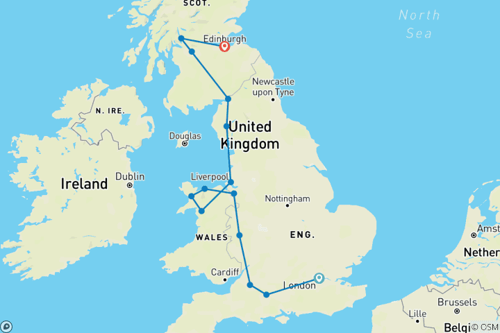 Map of England & Scotland Small Group Tour (finishes Edinburgh) - 8 days