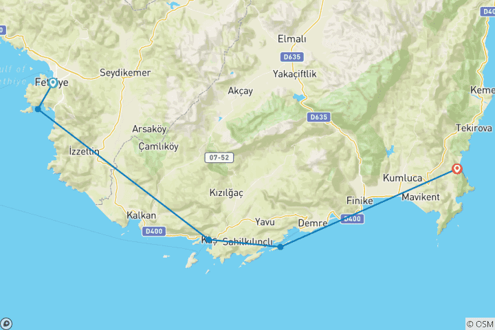 Carte du circuit 4 jours de Fethiye à Olympos