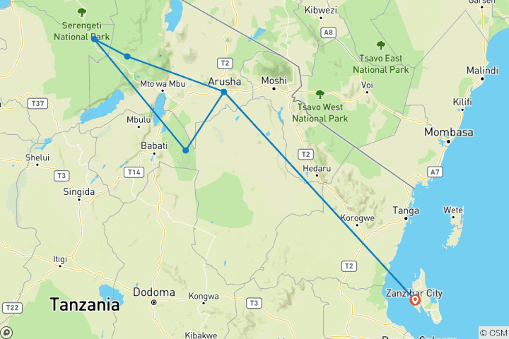 Carte du circuit Meilleur safari de 4 jours en Tanzanie au départ de Zanzibar à un prix raisonnable.