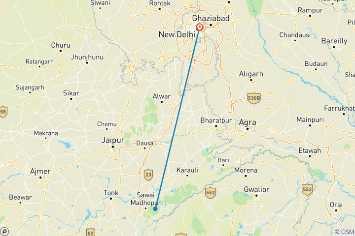 Carte du circuit Au départ de Delhi : Circuit de Ranthambore pour le safari des tigres - 3 jours !