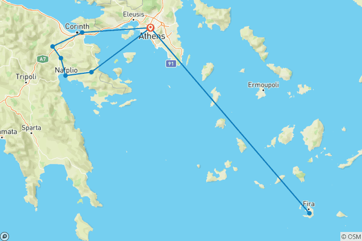 Map of 6 Day Wine Escape: Ancient Nemea, Peloponnese, and Santorini