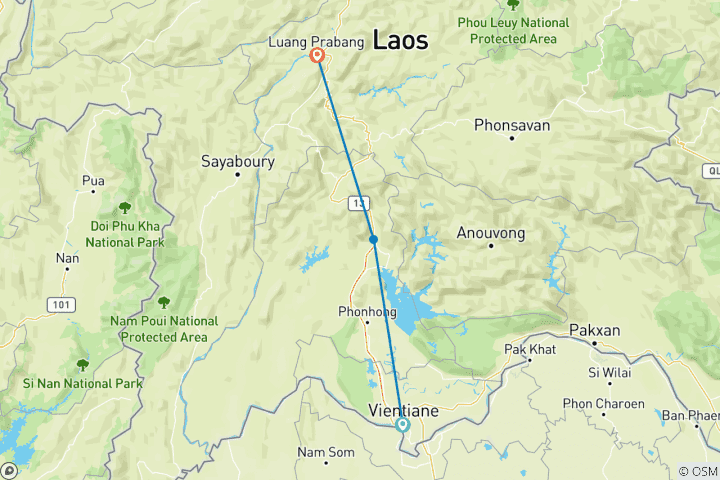 Map of LAOS FAMILY TOUR 12 DAYS 11 NIGHTS BY PRIVATE TOUR (Vientiane –  Vang Vieng – Luang Prabang)