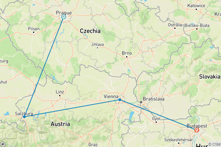 Carte du circuit Toute l'Europe de l'Est (Prague, Salzbourg, Hallstatt, Vienne et Budapest)