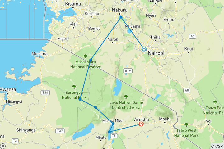 Karte von Kenia Safari ab Nairobi 10 Tage