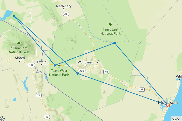 Carte du circuit Sanctuaire de Ngutuni, Taita Hills, Amboseli, Tsavo West et East Safari - Mombasa - 7 jours
