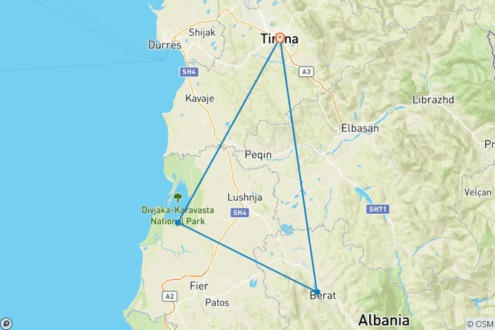 Mapa de Visita de un día a Berat y la Laguna de Karavasta desde Tirana y Durres