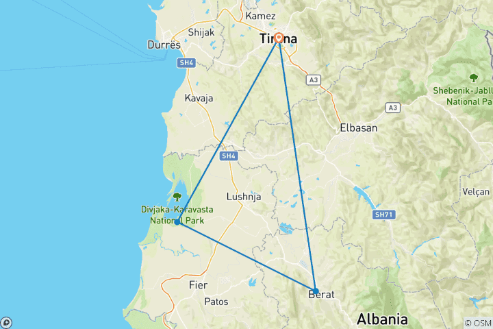 Carte du circuit Excursion d'une journée à Berat et à la lagune de Karavasta au départ de Tirana et de Durres