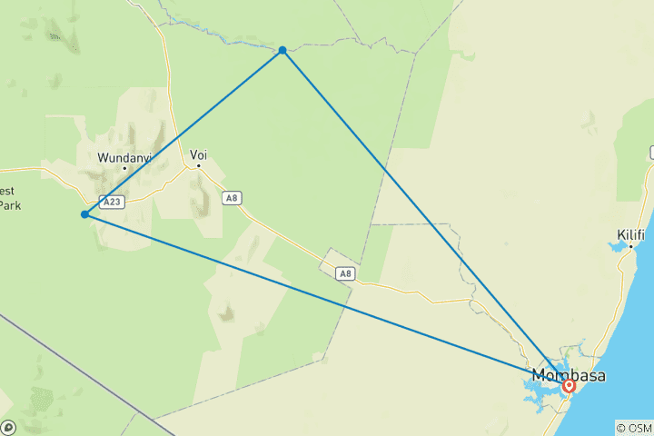 Carte du circuit 3 jours au Parc national de Tsavo Est et au Sanctuaire des collines de Taita