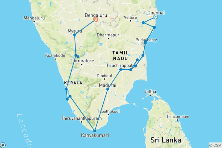 Mapa de El Tamil Nadu y el Karnataka históricos, con los backwaters de Kerala