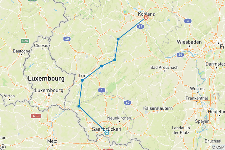 Karte von Mosel- und Saarradweg | Individuelle Radreise | Saarbrücken bis Koblenz